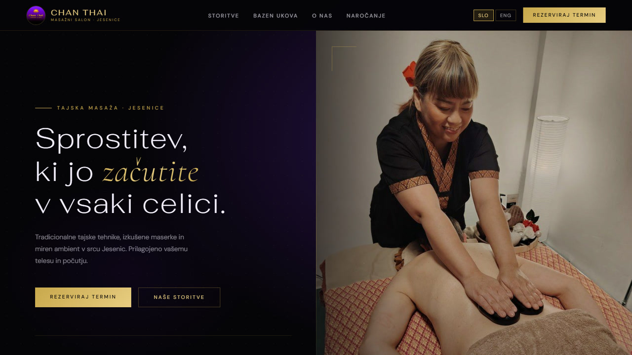 Posnetek spletne strani masažnega salona Chan Thai, ki smo jo naredili